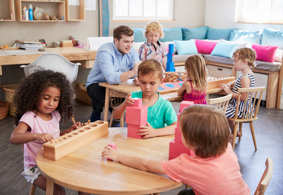 Children learning in a Montessori-inspired classroom